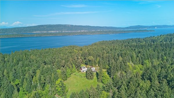 Aerial view of a Salt Spring Island waterfront home tucked into the forest above the ocean