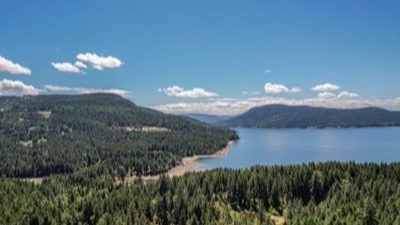 Forested Gulf Islands hills above a calm summer bay