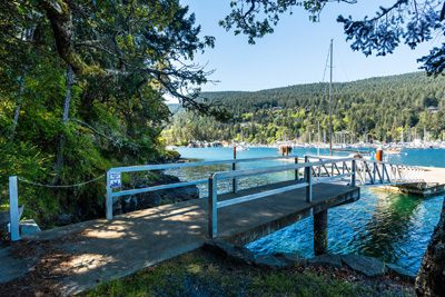 Footbridge to a private dock in a sheltered Salt Spring Island harbour